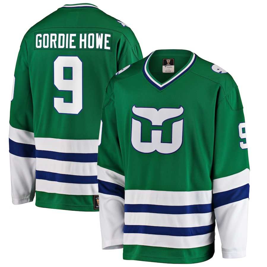 Mens Hartford Whalers #9 Gordie Howe Fanatics Branded Green Premier Breakaway Retired Jersey Dzhi